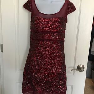 Cap Sleeve Burgundy Illusion Sequin Cocktail Dress